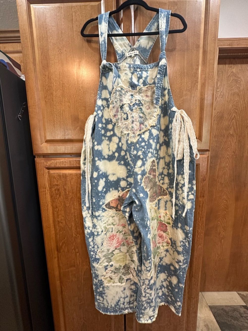 NWT-A Rare Bird Tie-Dye  embroidered Floral Denim Overalls Jumpsuit - Blue